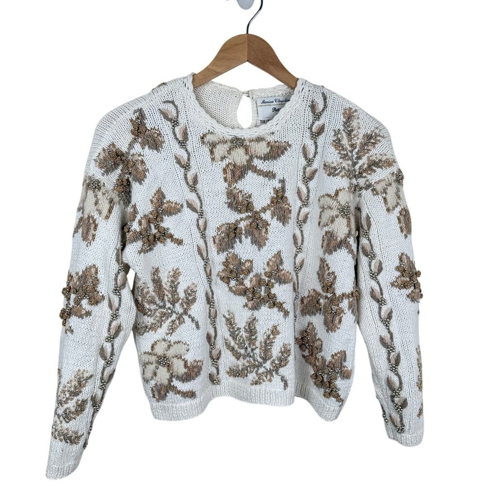 Vintage Marisa Christina 1996 Floral Embroidered Beaded Sweater Christmas